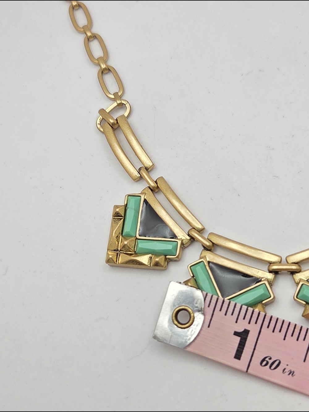 Stella & Dot Art Deco Statement Necklace Gold Tone Green Black Geometric 21" - Picture 14 of 16